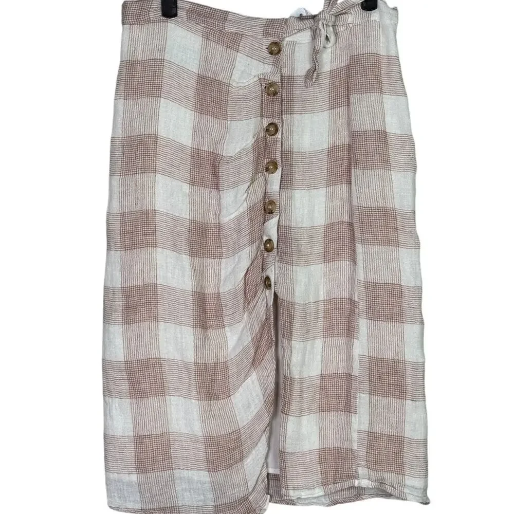 Heartloom Bently High Waist Checkered Midi Skirt Button Tie Coverup S Pink Cream